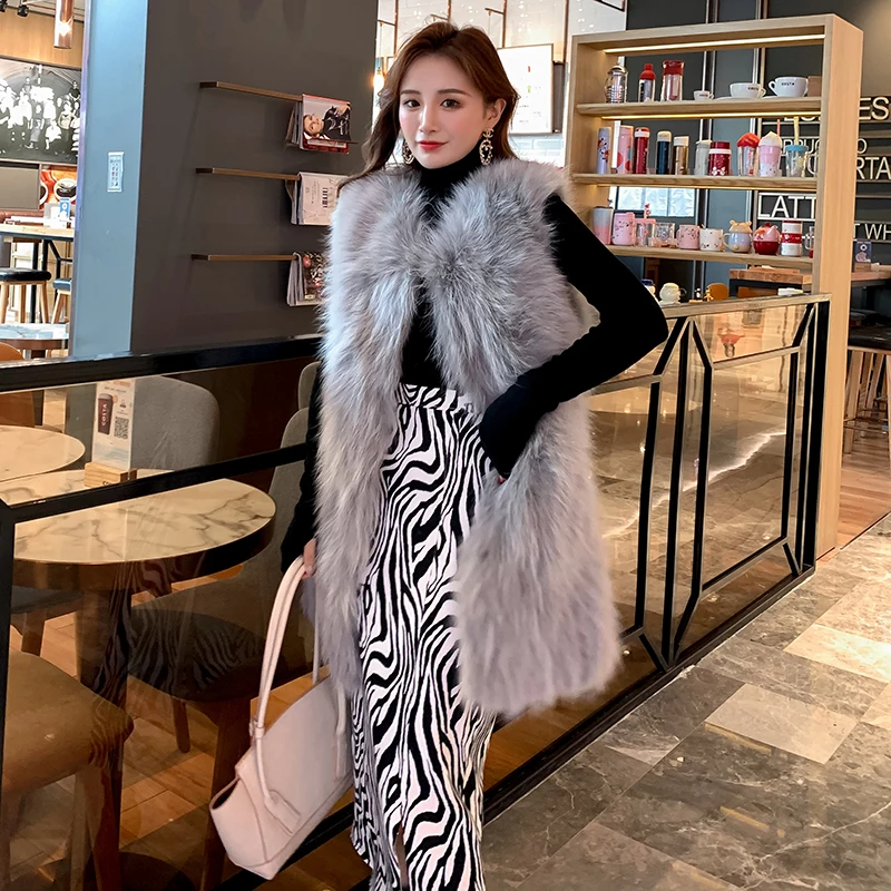 

Women 2020 Winter Real Fox Fur Vest Outerwear Fur Overcoat Female Medium-Long V-neck Vest Waistcoat New Fashion Warm Coat L850
