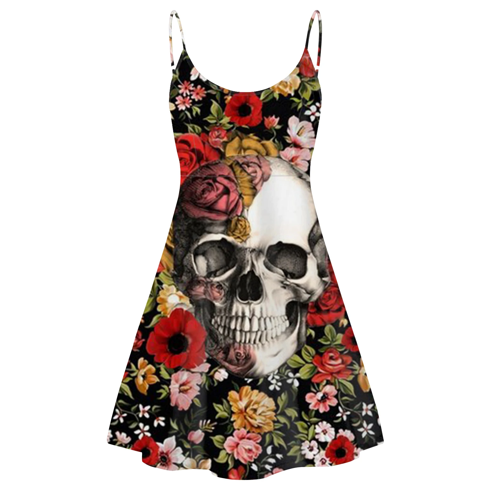 

Sexy Short Dresses Sugar Skull Pattern Women A Line O Neck Sling Slim Beach Party Casual Wear Bodycon Dresses Outfits Summer