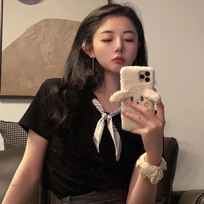 

Summer New Bow Tie Short Sleeve T Shirt for Women Clothes Korean Casual Style Black Ladies Tops Ins Hipster Loose Tees Fashion