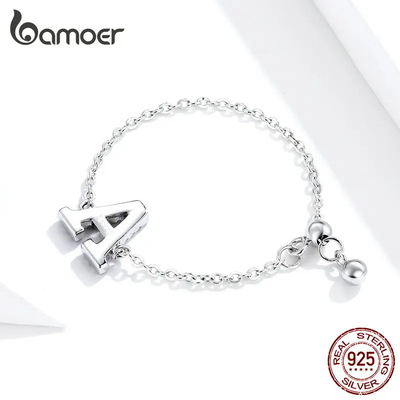 Bamoer, Стерлинговое Серебро, 925 цепочка, регулируемые кольца для женщин, прозрачное CZ письмо, алфавит, кольцо на палец, модное имя, ювелирное изделие SCR601