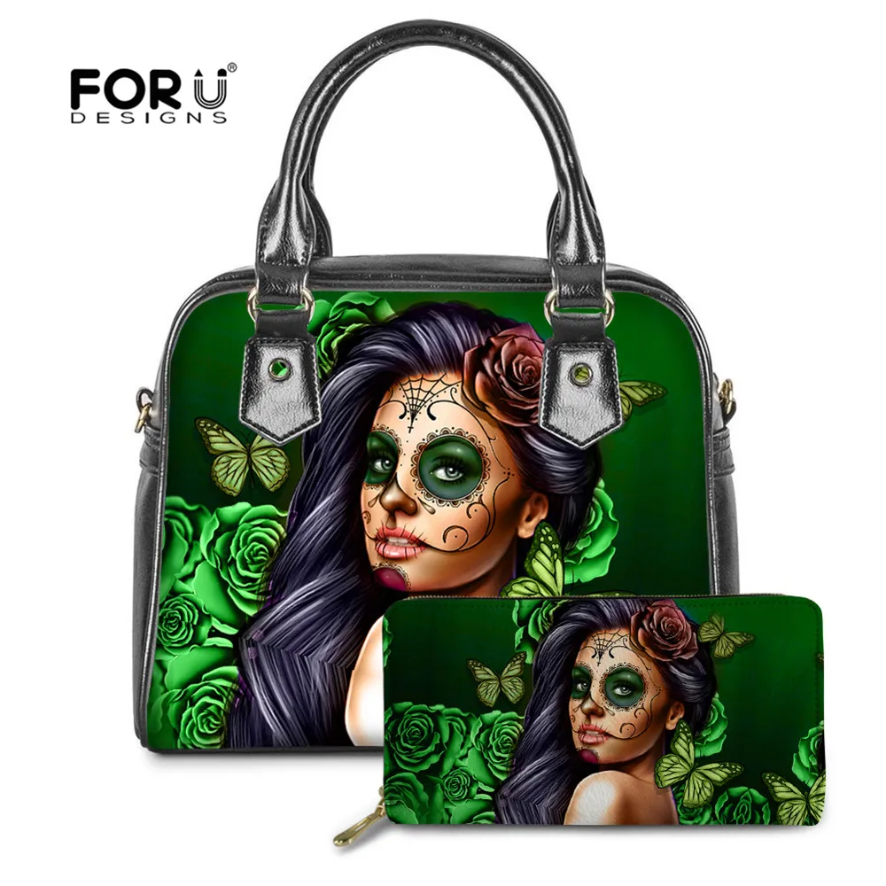 

FORUDESIGNS Calavera Girl Green Women Handbags Luxury Messenger Bags Fashion Pu Leather Female Tote Messenger Bags Bolsa Femme