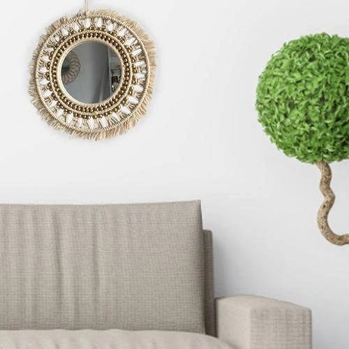 Бежевое круглое богемное зеркало макраме ручной работы из хлопчатобумажной