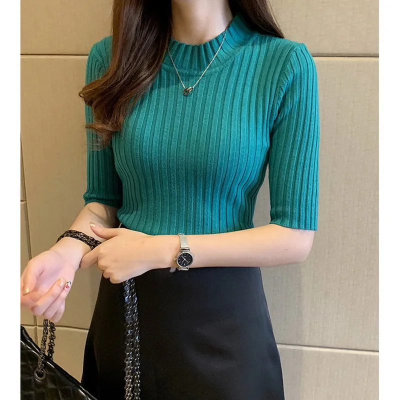 

QRWR 2020 Woman Sweaters Spring Autumn Casual Half Turtleneck Half Sleeve Knittings Elegant Slim Fit Basic Sweater Women
