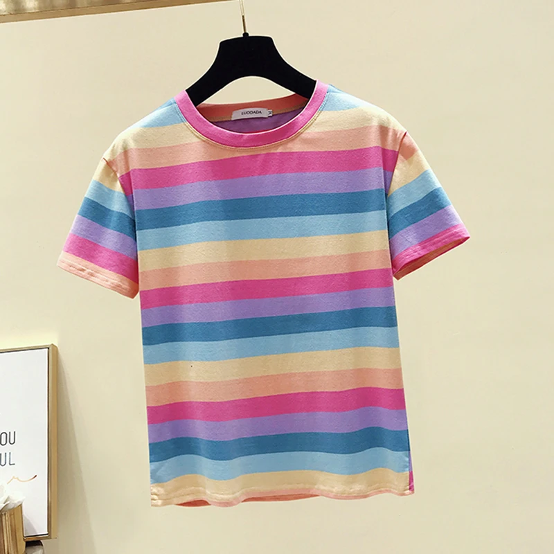 Shintimes New Striped Color Cotton Short Sleeve T Shirt Women 2021 Casual Ladies Summer Shirts Womens Clothing Tee Femme | Женская