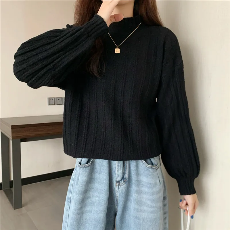 

Women's Korean Autumn Winter Lazy Sweaters Fashion Chic Half-turtleneck Solid Color Striped All Match Knitted Loose Pullovers