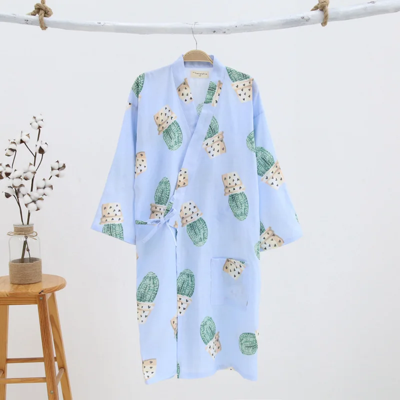 Summer Women Sleepwear Cotton Gauze Kimono Cherry Blossom and Bunny Long Robes Home Clothes Gowns Styles V-neck Bathrobe | Женская