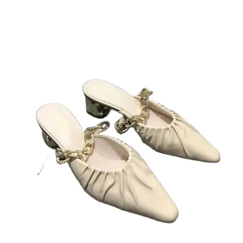

New Spring Summer Autumn Shoes 2021 Temperament Point Toe Metal Chain Decoration French Fold Design Mid Heel Slippers Muller Sho