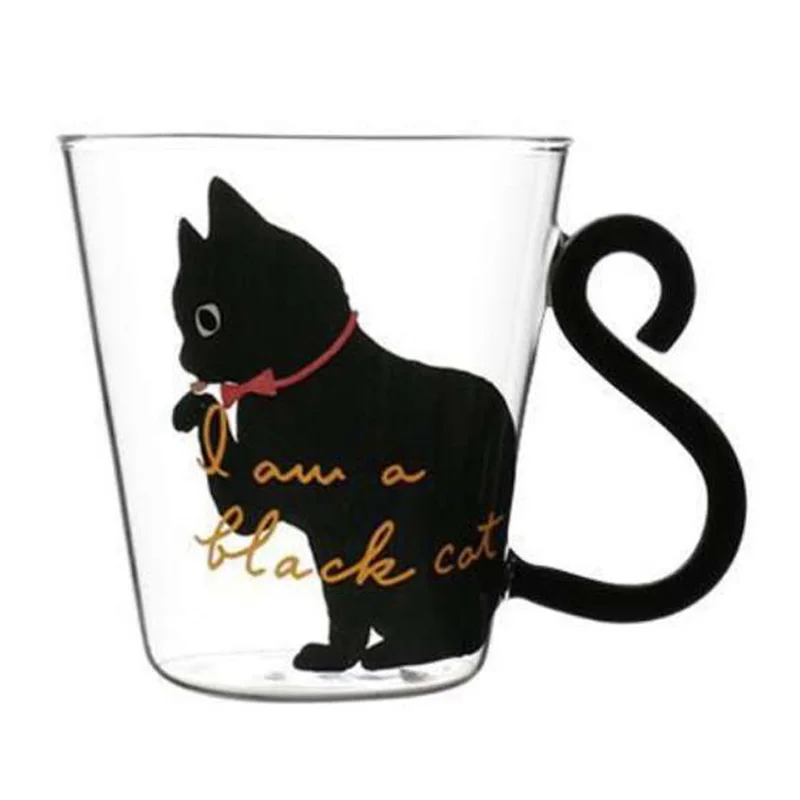 

Black Cat Glass Coffee Mug Juice Coffee Milk Tea Coffee Cup Cat Tail Handle Cat Valentine's Day Lover Gifts Stainless