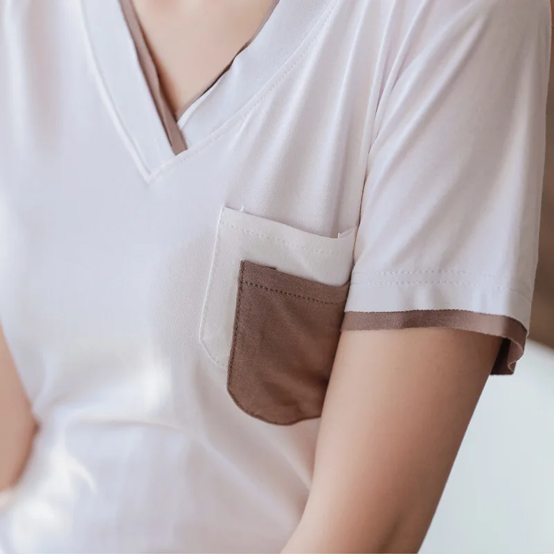 

2021 Brand New Summer Women's T-shirt Short Sleeve T-shirt for Female Elasticity V Collar Pure Pocket Tops Tshirt