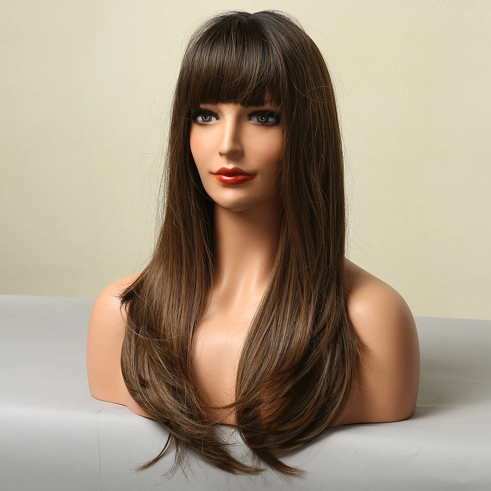 EASIHAIR Long Straight Synthetic Wigs for Women Black to Brown Ombre Daily Natural Hair Wigs Brown Hair Wig Heat Resistant