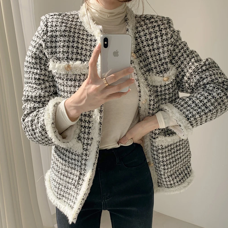 

Color O Neck Long-sleeved Plaid Tweed Jacket Woolen Veste Femme Chaquetas Jaquetas Mujer Thick Autumn Winter Clothes Retro Hit