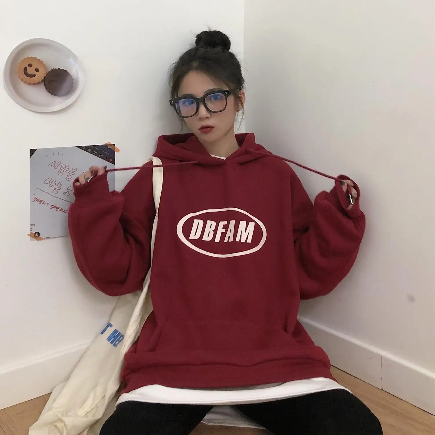 

Autumn Winter Korean Style Women Loose Casual Letter Printing Plus Fashion Velvet Warm Hoodie