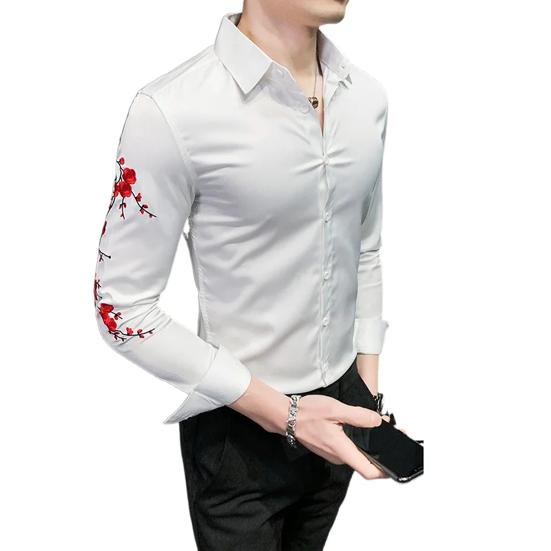 

Fashion Embroidery Shirt Men Clothing Black/White Slim Fit Male Prom Party KTV Dress Tops Size 3XL-S