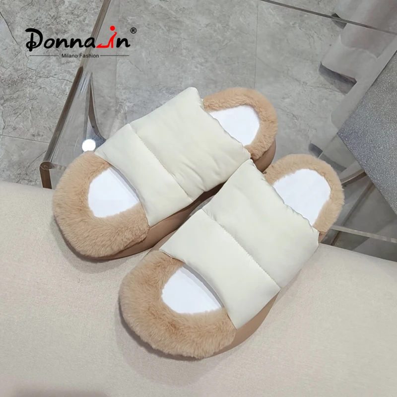 

Donna-in 2021 New Winter Slip-On Sofa Mules Women Natural Wool Fur Warm Comfortable Outdoor Slippers Soft Platform Wedge Shoes