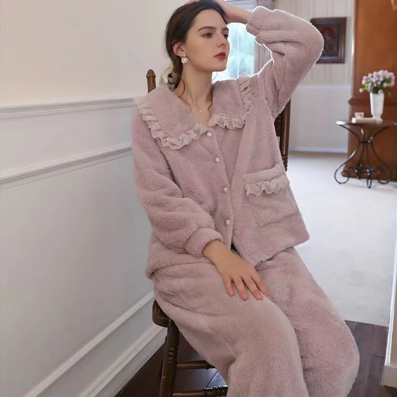 Women Coral Velvet Pyjamas Winter 2 Pieces/Sets Long Sleeve Thick Warm Flannel Female Home Clothing Pajamas