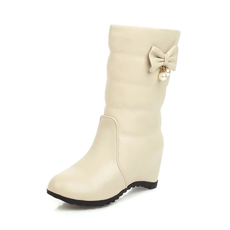 

ANNYMOLI High Heel Ankle Boots Woman Boots Height Increasing Heel Short Boots Bow Ladies Shoes Autumn Winter Beige Large Size 43