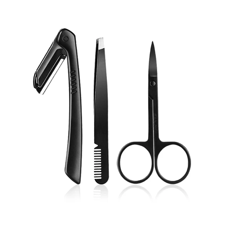 

3 piece eyebrow trimming tool black foldable portable eyebrow trimmer Eyebrow scissors multifunctional eyebrow clip makeup tool