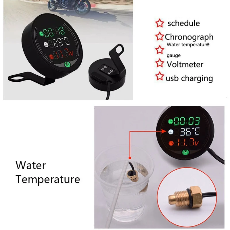 

5 in 1 Motorcycle Water Temperature Meter USB Rechargable Time Voltmeter LED Night Vision Meter with Temperature Sensor