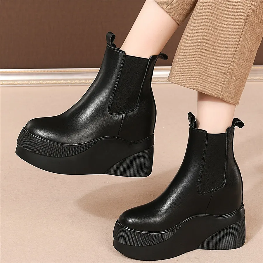 

High Top Casual Shoes Women Genuine Leather Wedges High Heel Vulcanized Shoes Female Round Toe Chunky Platform Fashion Sneakers