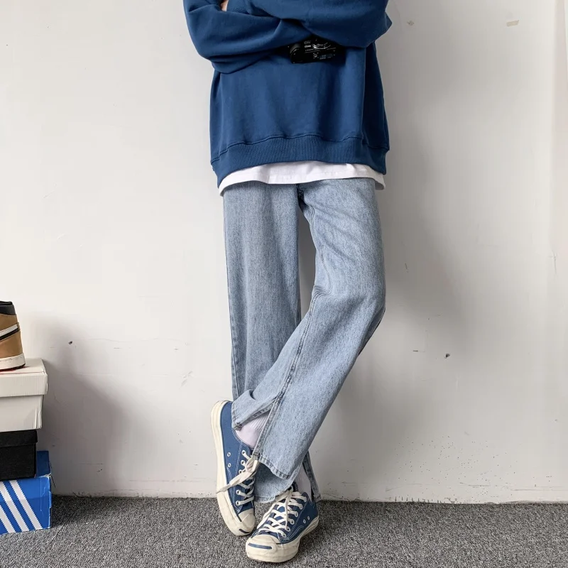 

Синие джинсы, мужские свободные прямые брюки с разрезом, Весенние Новые повседневные уличные брюки, Корейская одежда Kpop, простые женские