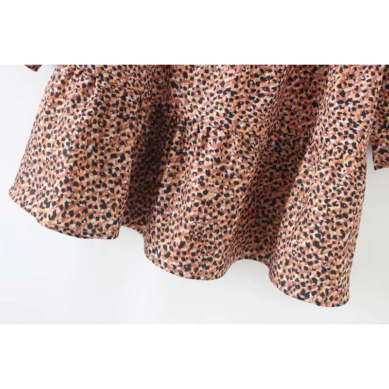 

2021 Spring Women Vintage Pleated Ruffles Leopard Print Mini Dress Female O Neck Long Sleeve Casual Vestidos Chic Korean Dresses