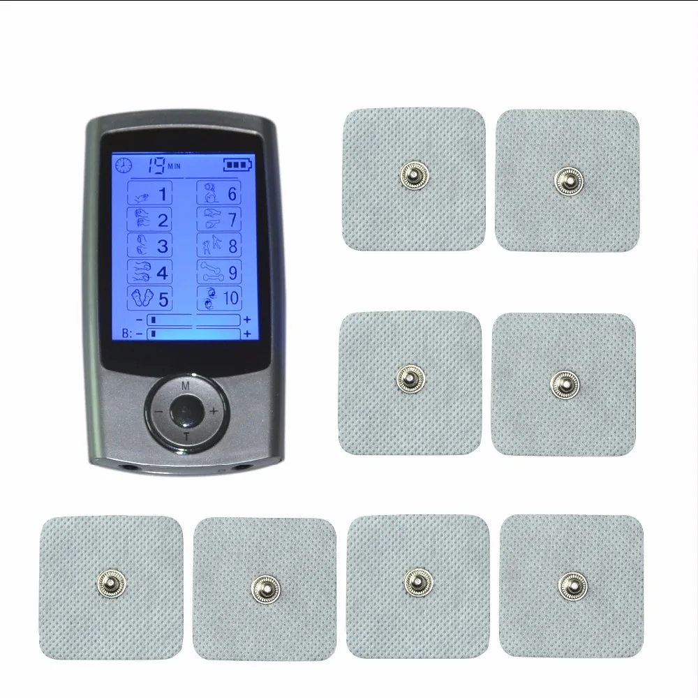 Electrical Digital Therapy Massager Dual Output 10 Mode Muscle Stimulator Fatigue Relief + 8Pcs 3.5mm Button Type Electrode Pads