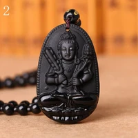 buddha black obsidian pendant necklace for women carved buddha lucky amulet men long necklace chain jewelry