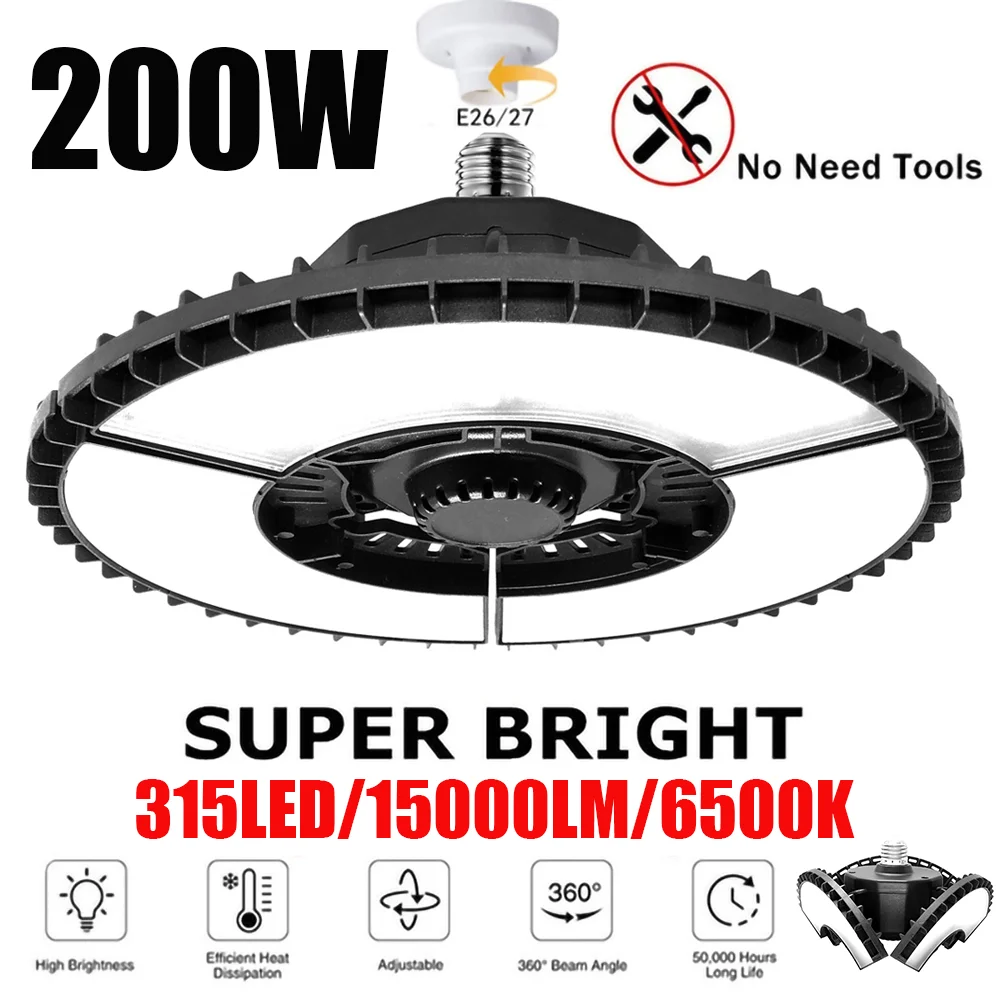 

315LED LED Garage Light LED High Bay Workshop Ceiling Light Warehouse Lighting Bulb 200W E27 Adjustable Deformable Lamp For Gar