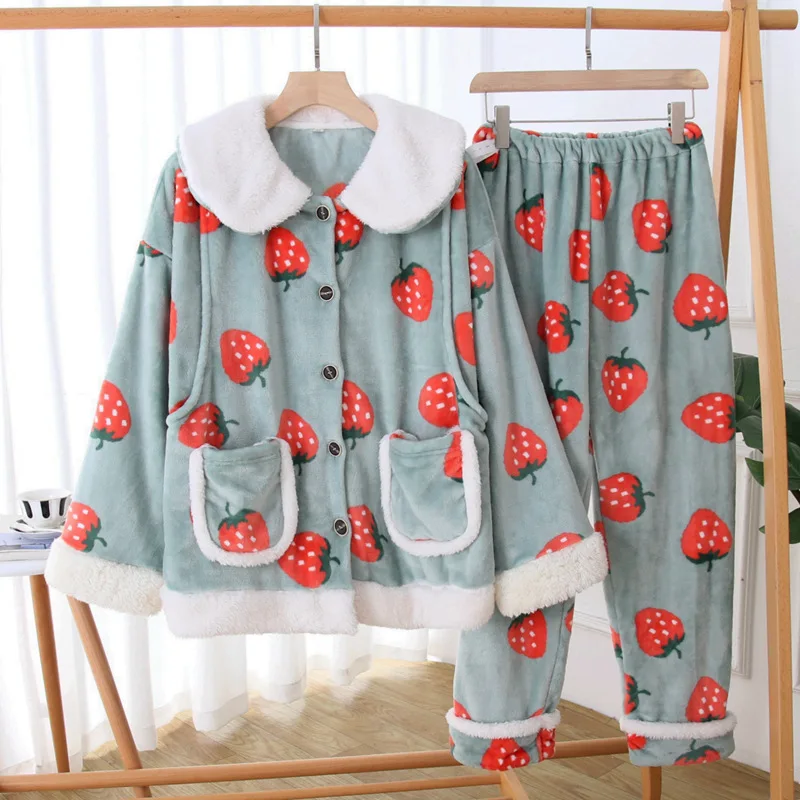 

Women Winter Homewear Pajama Sets Coral Fleece Warm Postpartum Nursing Maternity Clothes Female Thick Long Fleece Pajamas Set