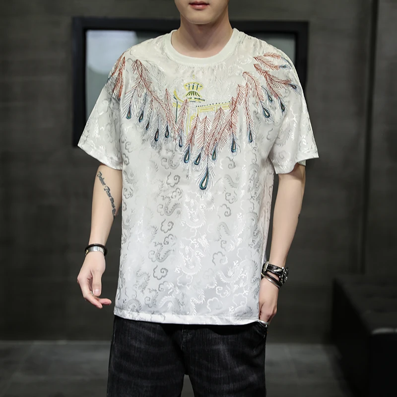 

Fashion Men's Chic Ice Silk Embroidery T-shirt Summer Thin Short Sleeve Top Oversize Plus Size