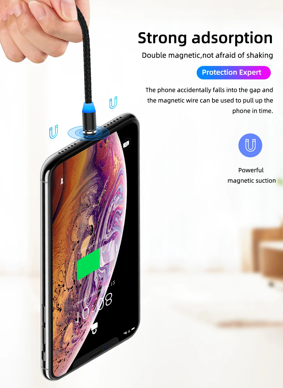 Магнитный usb-кабель для быстрой зарядки 2,1 А, Тип C, микрокабель, светодиодный, с нейлоновой оплеткой, type-C, магнитное зарядное устройство для iPhone XS X 7, samsung, 1 м, 2 м