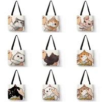 funny cute kissing cat print casual tote bag eco linen cloth handbag women ladies large reusable shopping bag for outdoor beach