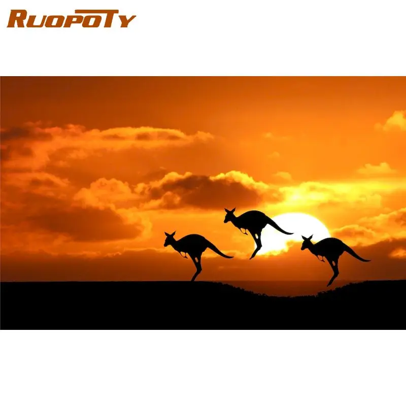 

RUOPOTY Framed Paint By Numbers Animals On Canvas Pictures By Numbers Sunset kangaroo DIY Minimalism Home Decoration Gift