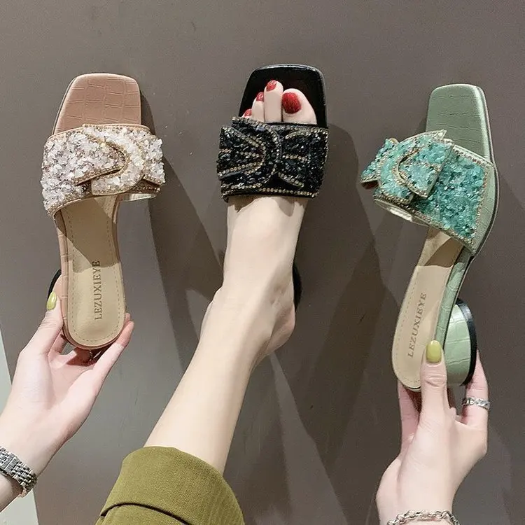 

Beach Shoes Glitter Slides Woman's Slippers Square heel Fashion Low Sabot Jelly 2021 Block Luxury Rubber Crystal Basic PU Hoof H