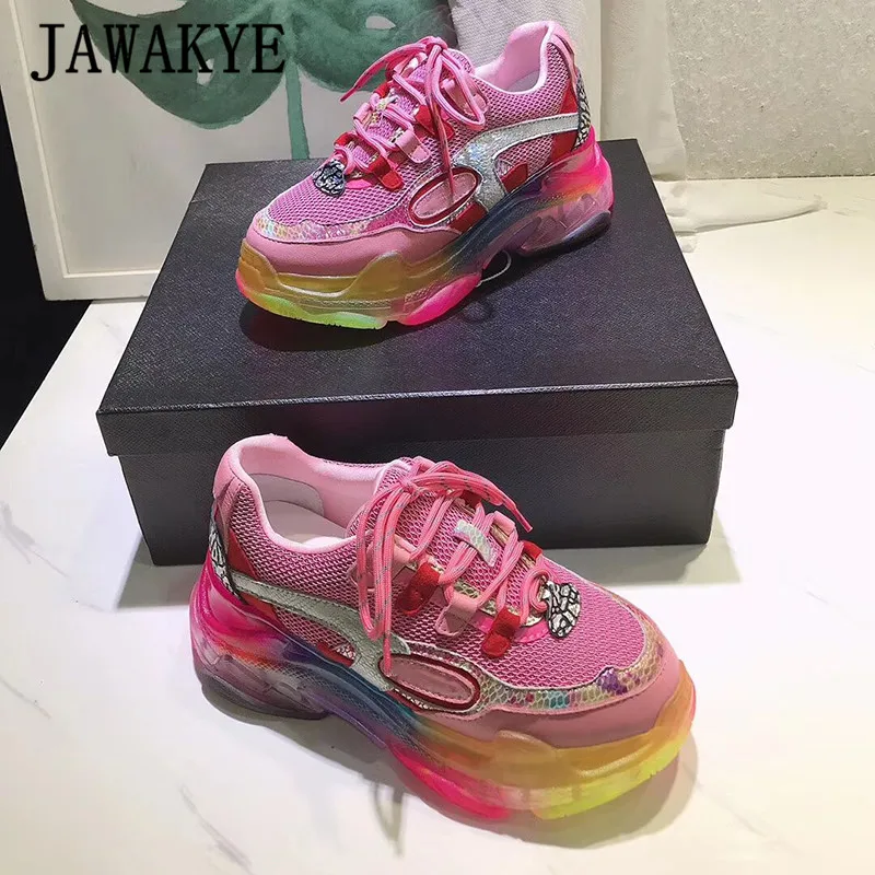 Разноцветные прозрачные кроссовки на толстой подошве Женская дышащая обувь