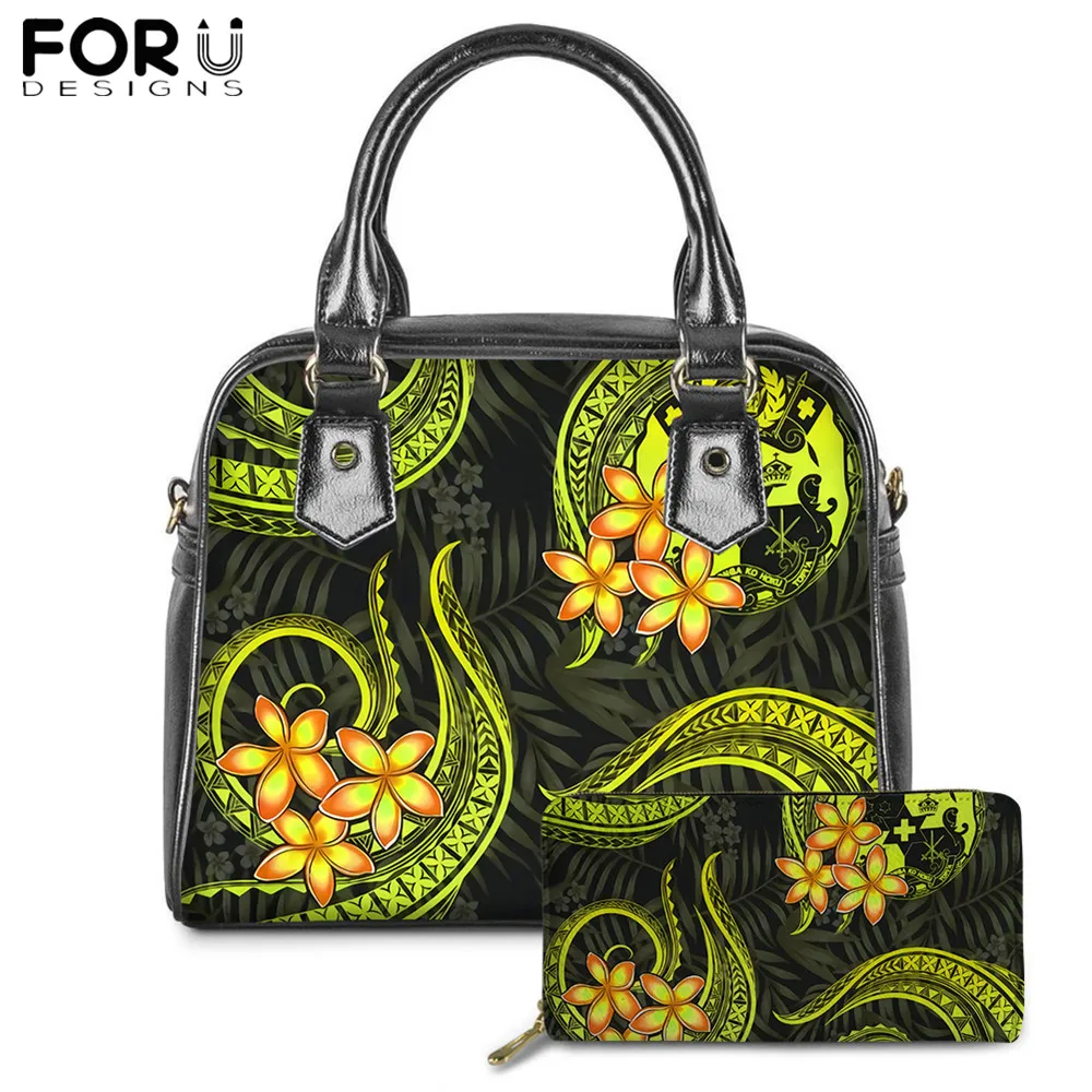 

FORUDESIGNS Hawaiian Polynesian Tonga Print Design Women Luxury Totes Bag/Purse 2pcs Set PU Leather Crossbody for Girl Sac Femme
