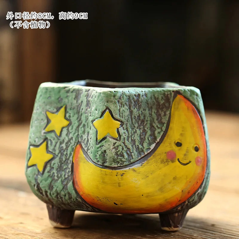 

Ceramics Flower Pot Hand Drawn Cartoon Moon Succulent Vase Living Room Balcony Study Mesa Floor-standing Decorations for Home