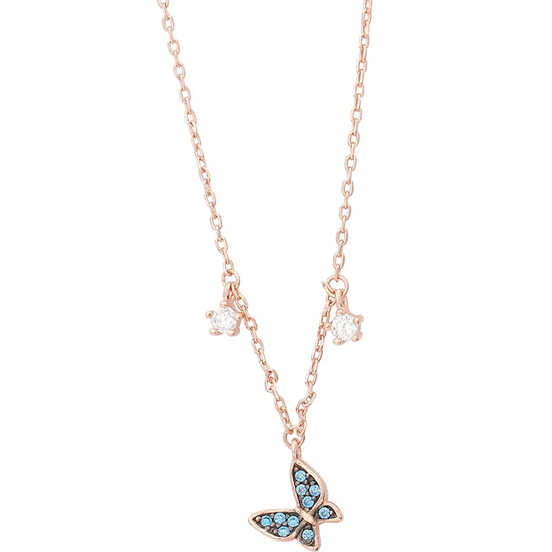 

Fengxiaoling Blue Zircon Butterfly Pendant Necklaces 925 Sterling Silver Cute Butterfly Statement Necklace Fashion Party Jewelry