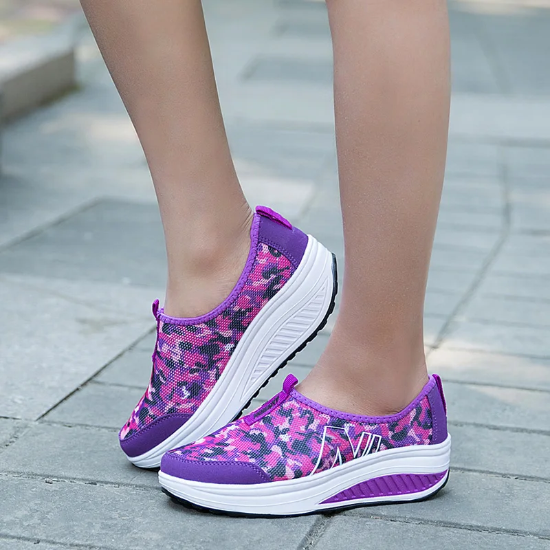 Brand Women Thick Sole Sports Shoes Toning Shoes Breathable Mesh Platform Shoes Height Increasing Fitness Shoes Wedges Sneakers