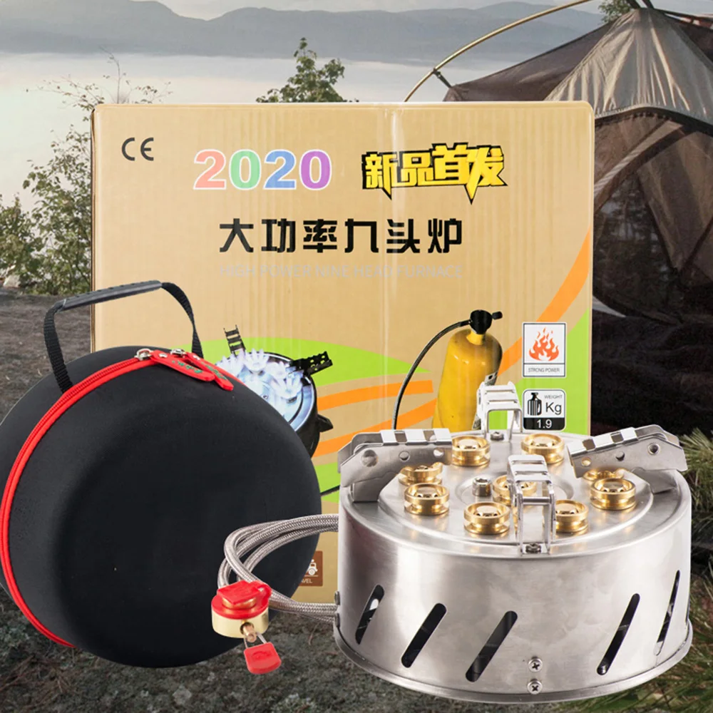 

12800W Outdoor Camping Stove Self-Driving Tour Stainless Steel 9-Head Gas Stove Folding 7/9 Hole Fire Brimstone Stoves Burner