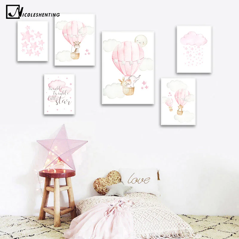

Baby Nursery Girl Wall Art Canvas Poster Pink Balloon Animal Travel Print Painting Nordic Kid Child Bedroom Decoration Picture