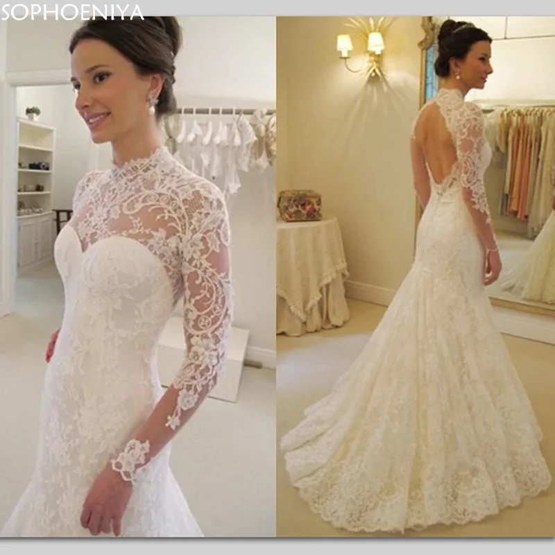

New Arrival Muslim Wedding Dresses Mermaid Appliques Lace Backless Vestido De Noiva Boho Bridal Wedding Gown Robe Longue