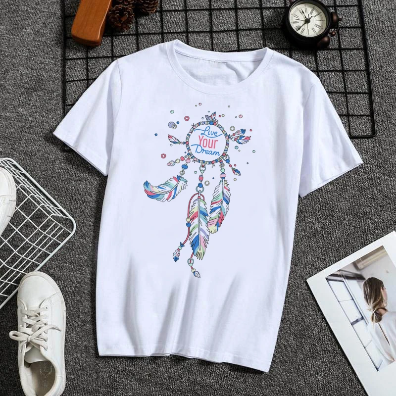 

Ladies Harajuku short-sleeved Flower Earrings printed T-shirt Women's T-shirt retro Dreamcatcher casual O-neck top shirt