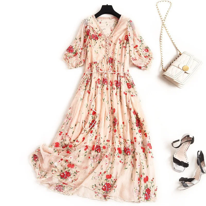 

Женское шифоновое платье, летнее винтажное длинное платье из 2020 шелка тутового шелкопряда с цветочной вышивкой, V-образным вырезом и рукаво...