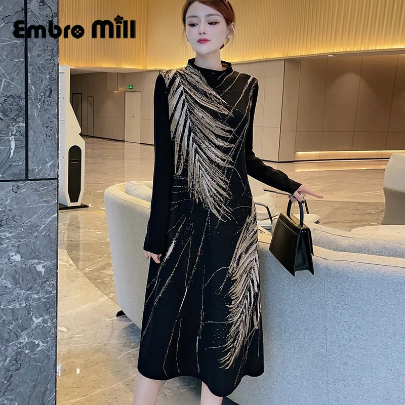 

Long-Sleeved Sweater Dress Women Spring And Autumn New Half-High Neck Feather Print Loose And Mid-Length Knitted Dress One Size