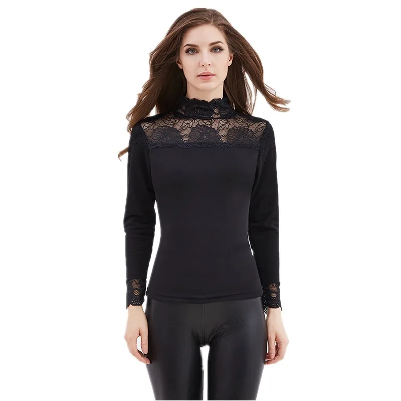 

Large Size Plus Velvet Thick 2020 Warm Goddess Clothing Half-high Collar Long-sleeved Blouse Lace Slim Outer Wear Base Underwear