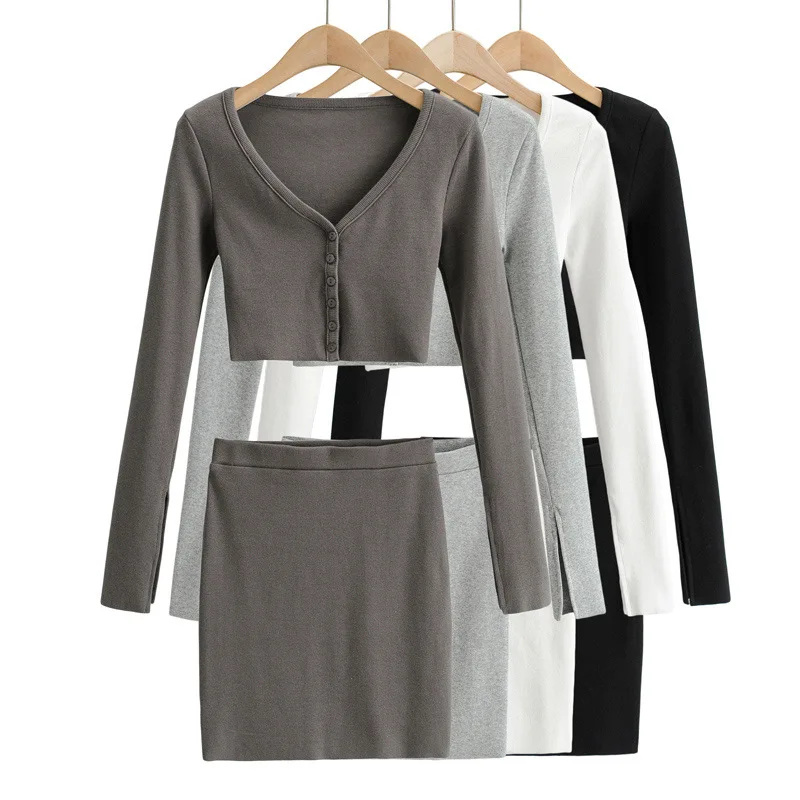 

Two piece skirt suit women's long sleeve split V-neck breasted T-shirt + high waist hip skirt fashion two piece skirt suit