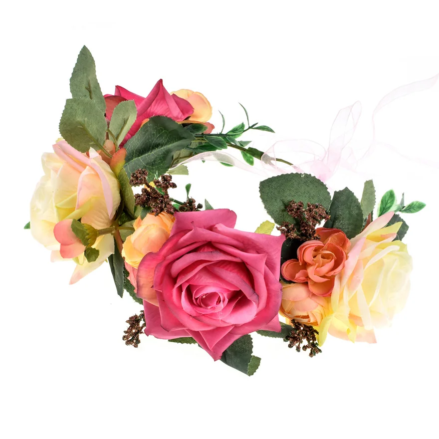 Molans New Stimulated Big Rose Wreath Braide Tiaras Hair Accessories Hawaiian Holiday Flower Corwn Women Wedding Floral Garlands - Цвет: Красный