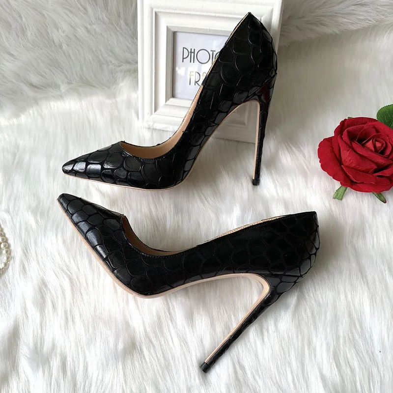 

12cm Black Sexy Stilettos Pointed Toe Women High Heeled Shoes Party Genuine Leather Pumps for Night Club Women's Casual Heels