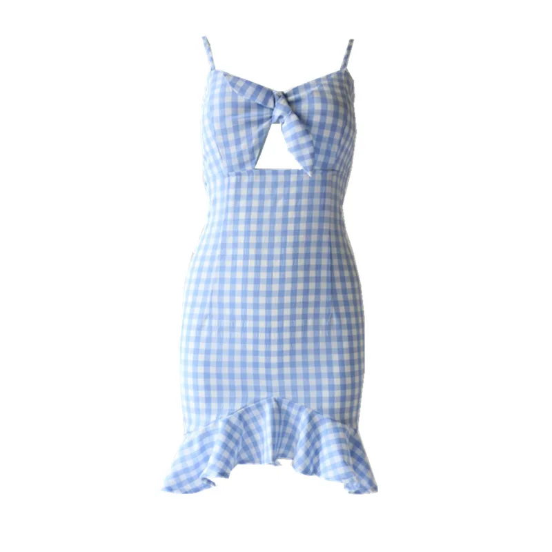 

Summer Blue Plaid Dress Women Purple French Style Vintage Retro Ruffled Bow Dress Casual Hollow Out Elegant Designer